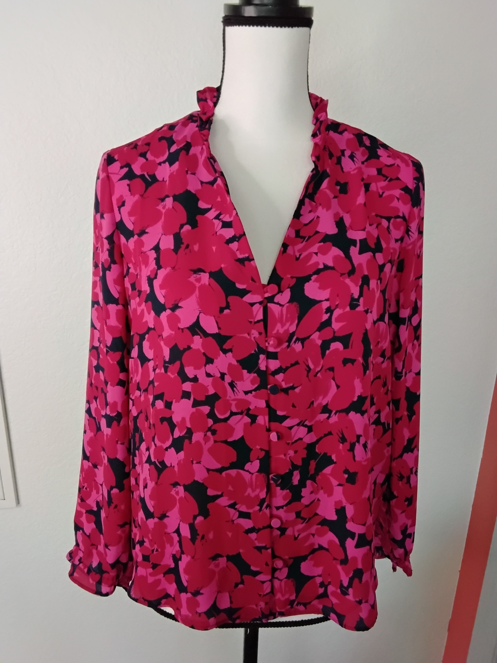 J. Crew Pink and Black Floral V-Neck Blouse